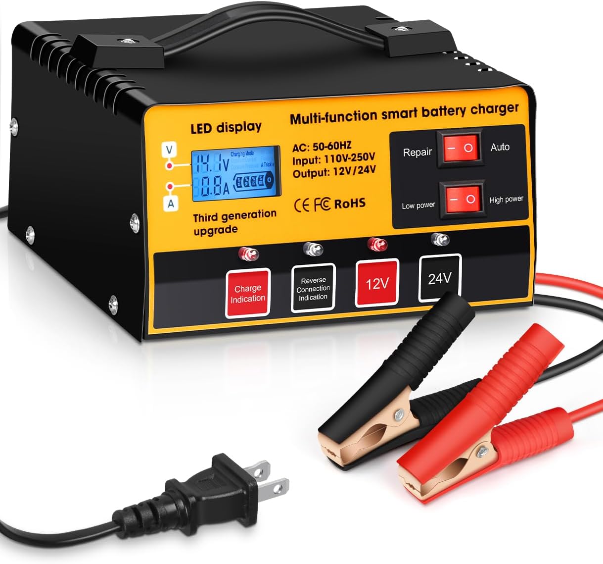 Outerman Car Battery Charger,12V-12A/24V-8.5AMH Smart Automatic Battery Charger,High/Low Power Trickle Charger Battery Maintainer and Desulfator,for Motorcycle Lawn Mower Marine Lead Acid Batteries