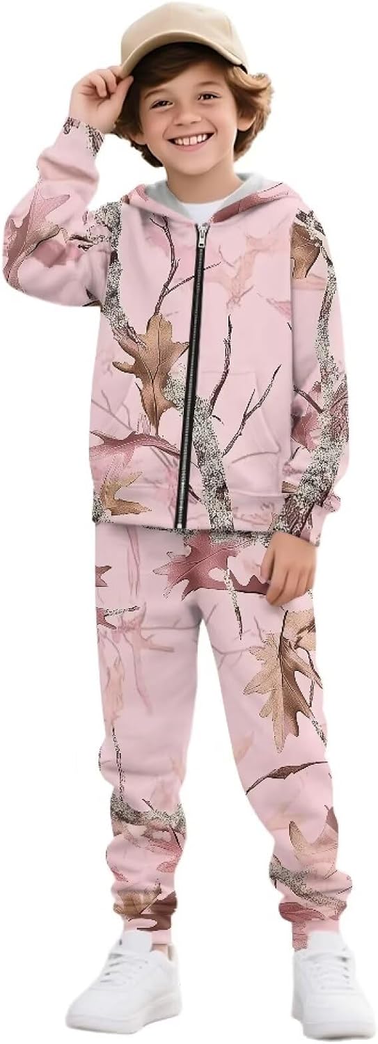 Boys Camo Print 2 Piece Long Sleeve Hooded Sweatshirt Jogger Pants Set Fall Winter Tracksuit for Kids 6-15Y