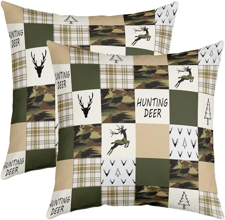 Cute Deer Reversible Throw Pillow Covers,Camo Amry Green Deer Square Cushion Covers Set of 2 for Bed Sofa Couch,Deer Hunting Pillow Covers Home Decor Antlers Western Farmhouse 22 x 22-Inch M