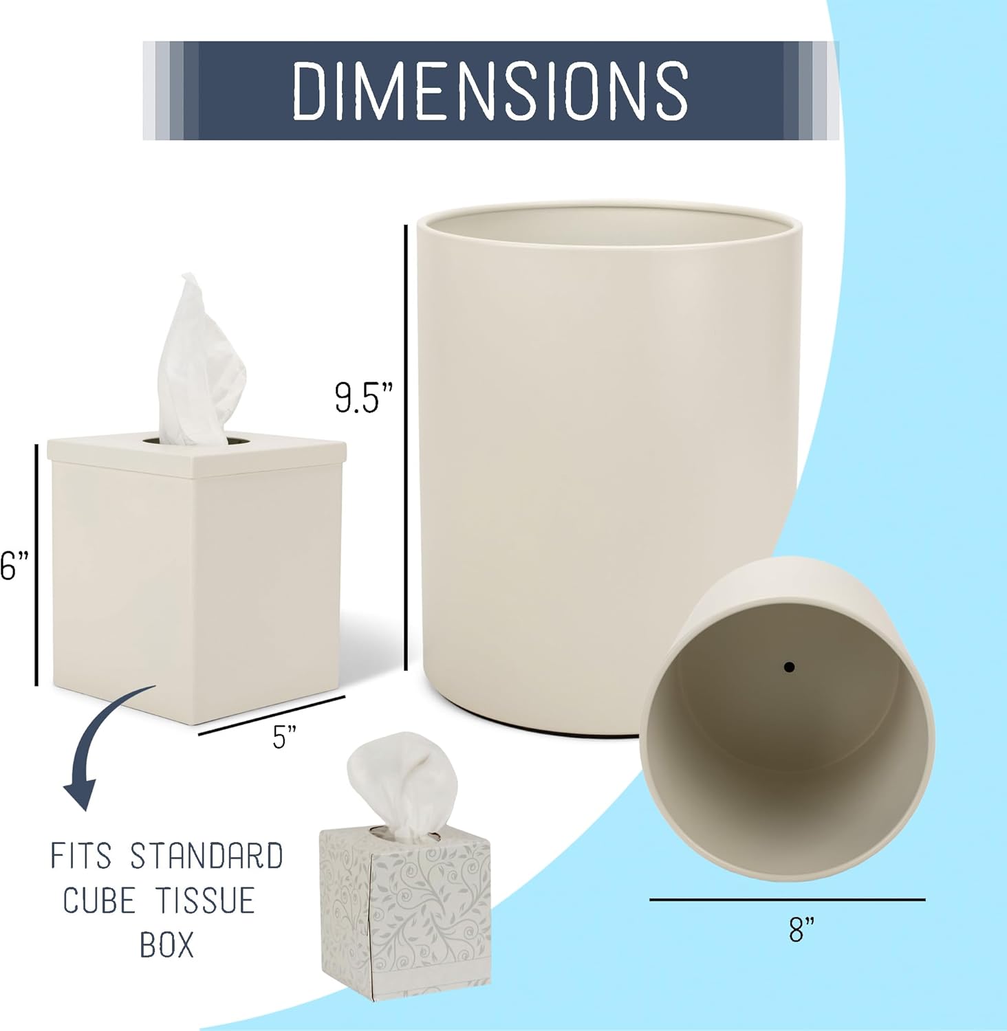 NAT AND JULES Round Bathroom Trash Can Wastebasket and Cube Tissue Box Holder Organizer Matching Accessory Set of 2, White