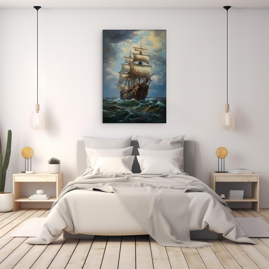 Canvas for Living room. Navigating the Fury of the Open Sea: A Majestic Sailing Ship's Battle Against Nature's Wrath, 27 x 18 inch Canvas Wall Art - Modern Home Decor