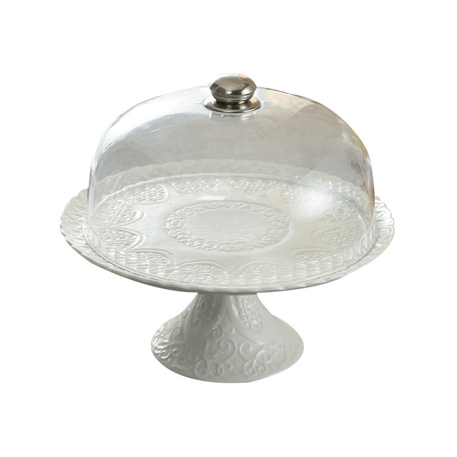 Elegante Soporte para Pasteles De Porcelana Blanca con Tapa De Cúpula Acrílica Cupcakes, Postres Y Presentaciones De Bodas. Duradero, Elegante Y Funcional.