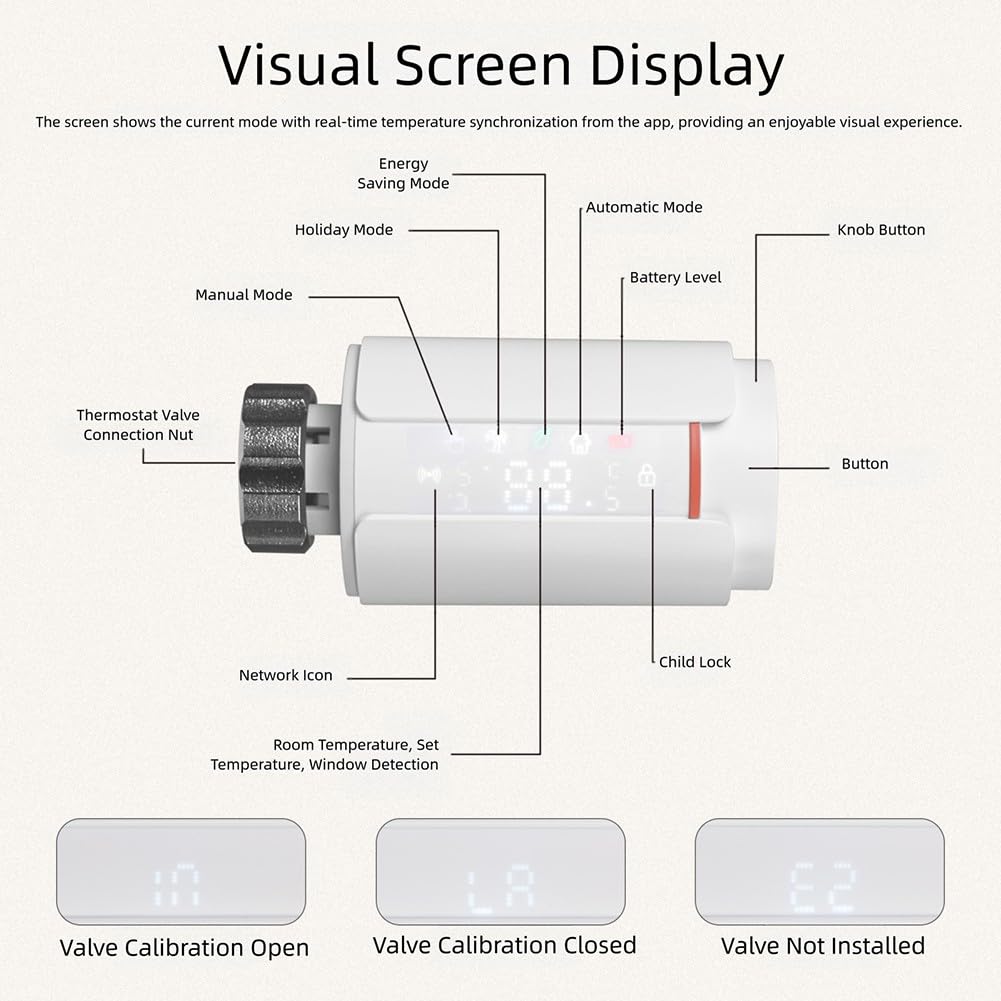 Lecreatekit Valvola termostatica per radiatore smart per zigbee con display LCD, regolatore di temperatura programmabile per il riscaldamento domestico a risparmio energetico
