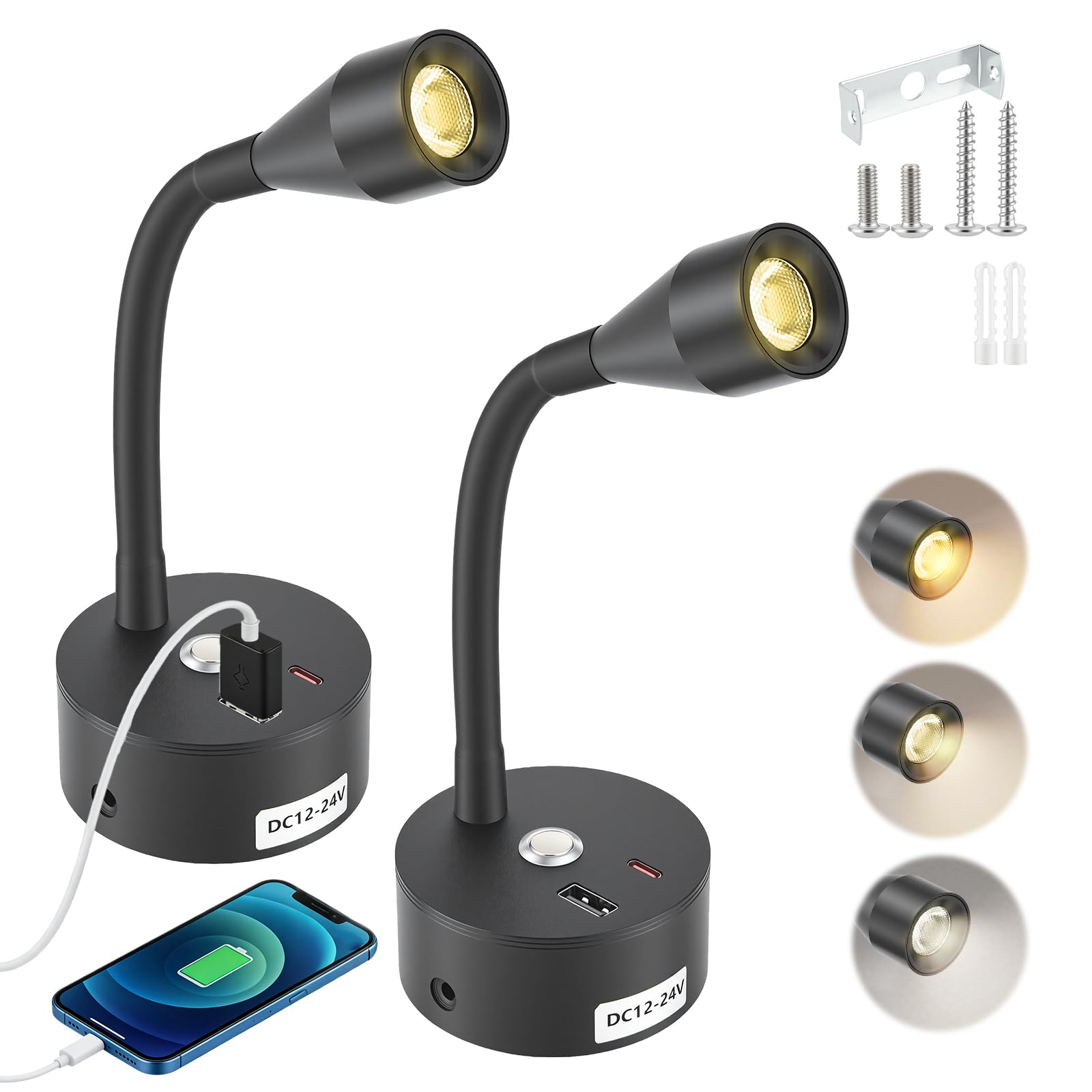 2 Piezas Luz de Lectura LED para Camper, 12V Lámpara de Lectura con Cargador USB & Type-C, Flexible Lámpara Foco de Pared para Autocaravana Furgo Barco (Negro)