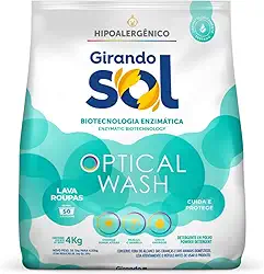 Lava Roupas em Pó Hipoalergênico Girando Sol 4Kg, Girando Sol, Sabão Em Pó Lava Roupa Para Peles Sensíveis, Verde, Optical Wash Biotecnologia Enzimática, Rende 50 Lavagens
