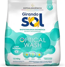 Lava Roupas em Pó Hipoalergênico Girando Sol 4Kg, Girando Sol, Sabão Em Pó Lava Roupa Para Peles Sensíveis, Verde, Optical Wash Biotecnologia Enzimática, Rende 50 Lavagens