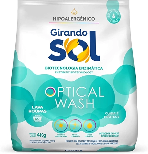 Lava Roupas em Pó Hipoalergênico Girando Sol 4Kg, Girando Sol, Sabão Em Pó Lava Roupa Para Peles Sensíveis, Verde, Optical Wash Biotecnologia Enzimática, Rende 50 Lavagens