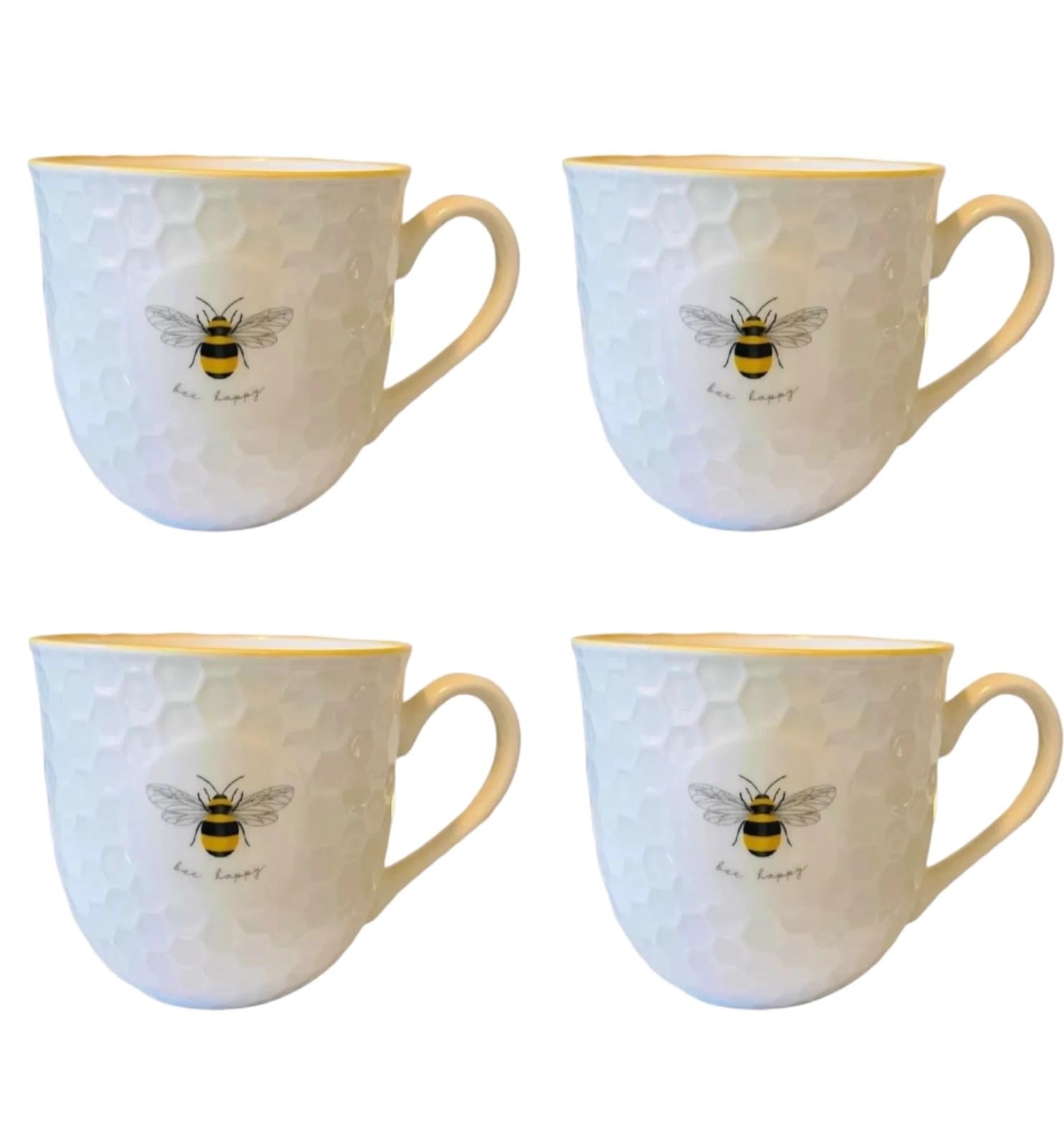 Dylex Honeycomb Design Coffee and Tea Mugs, 330ml Ceramic Cups, Set of 4, Bee Print
