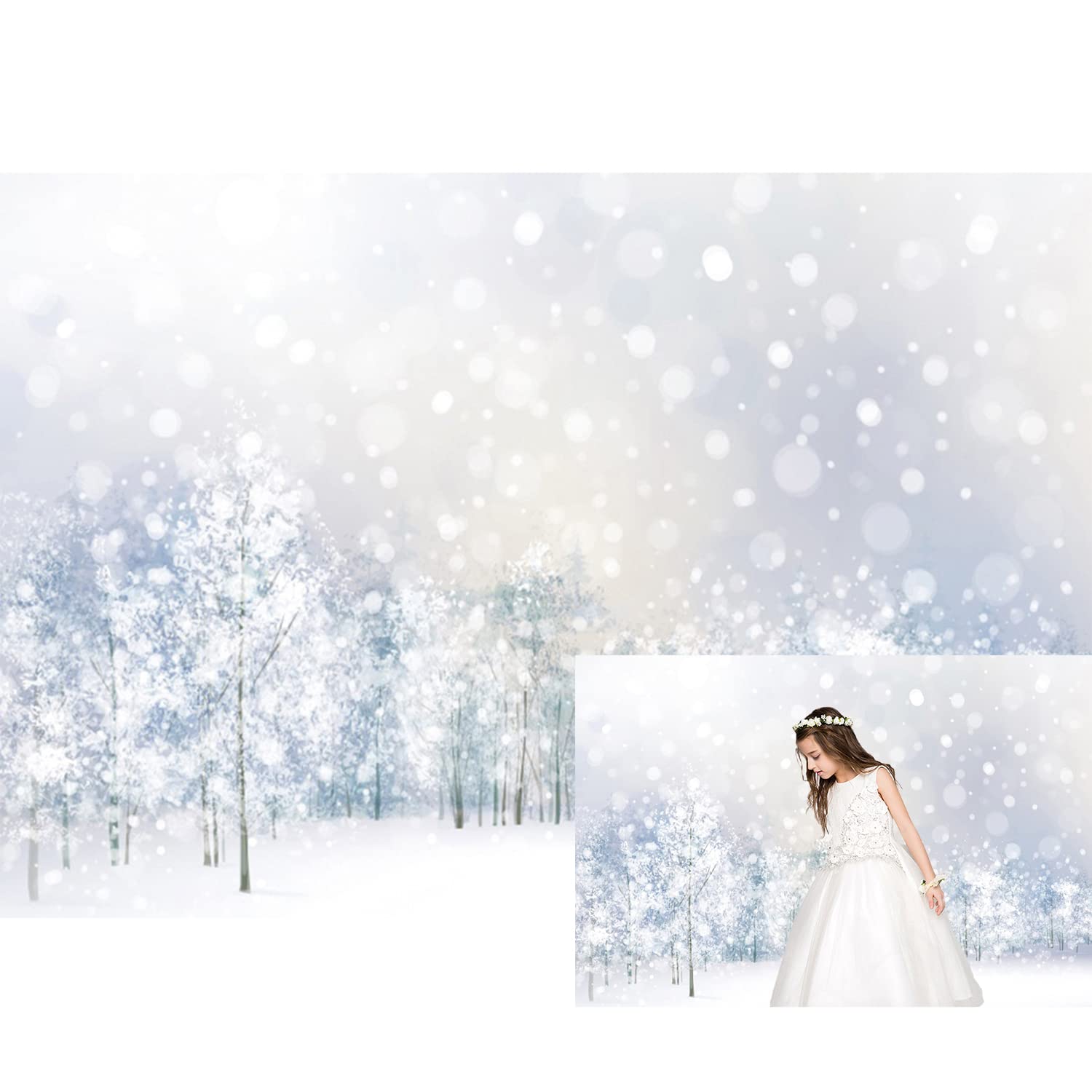 OERJU 8x6ft Winter Forest Backdrop Glitter Bokeh Snowflake Photography Background Winter Wonderland Snow Landscape Christmas New Year Birthday Party