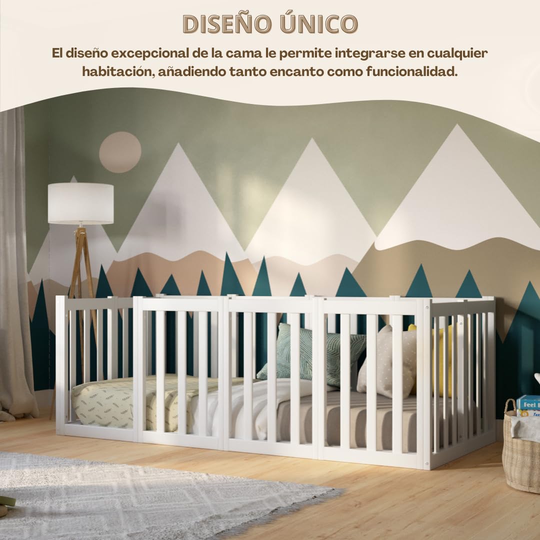 Cama Montessori 190x90 cm - Cama Infantil con Protección contra Caídas 73cm y Barrera Abrible - Camas Infantiles Superficie Lisa niños y niñas - Blanco