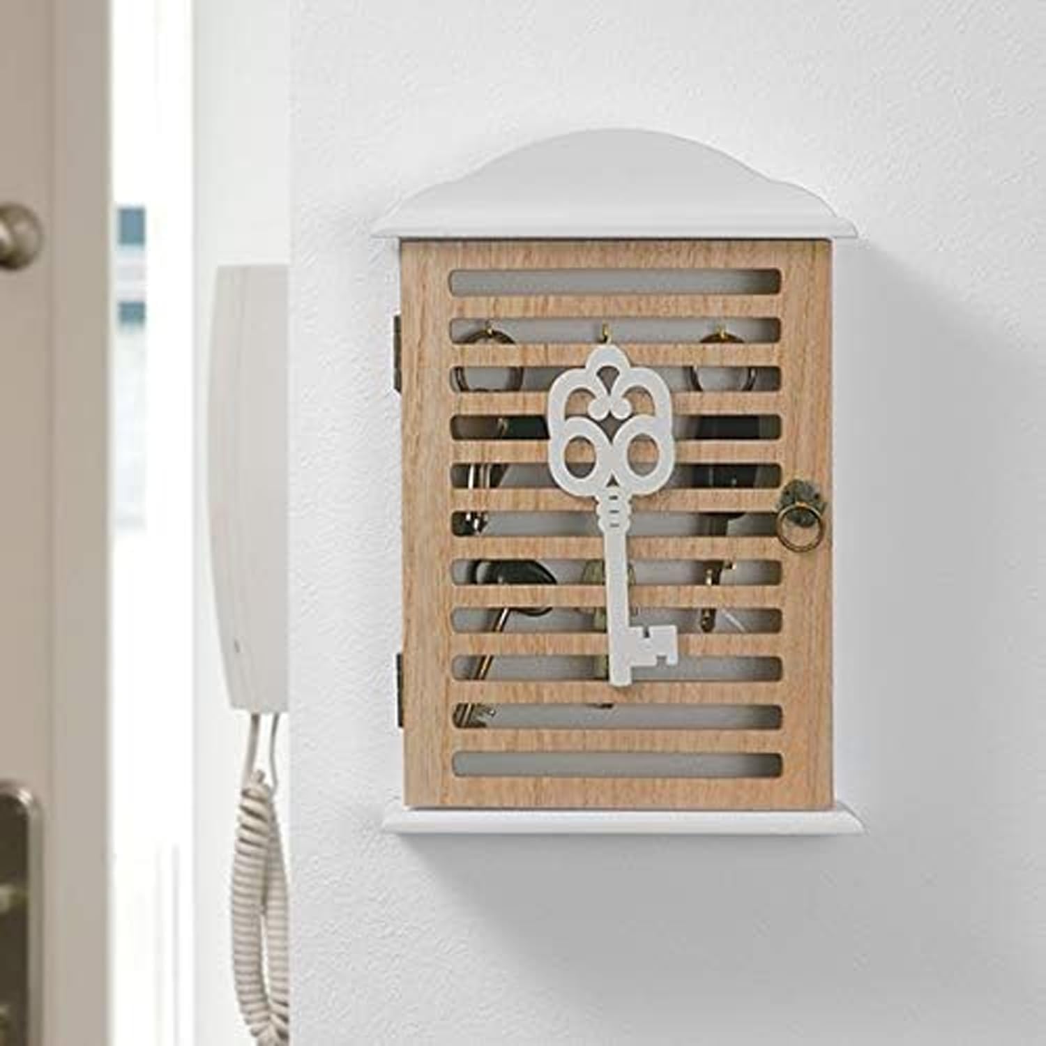 Avilia Cassetta Appendibile Portachiavi con Decorazione Chiave - Armadietto per Chiavi Design Retrò in Legno, Marrone e Bianco, 6x19x28.5cm: Organizzazione Elegante e Sicura
