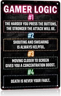 12X8In Gamer Logic Funny Metal Aluminum Sign Wall Decor