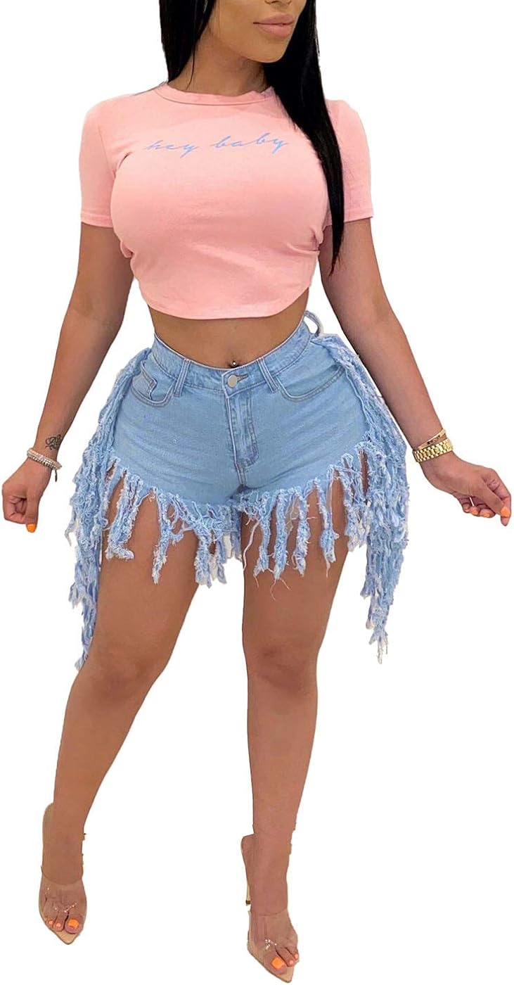 ZFCGEE High Waisted Denim Shorts for Women, Frayed Raw Hemline Ripped Tassels Jeans Short Pants Club Wear : Clothing, Shoes & Jewelry