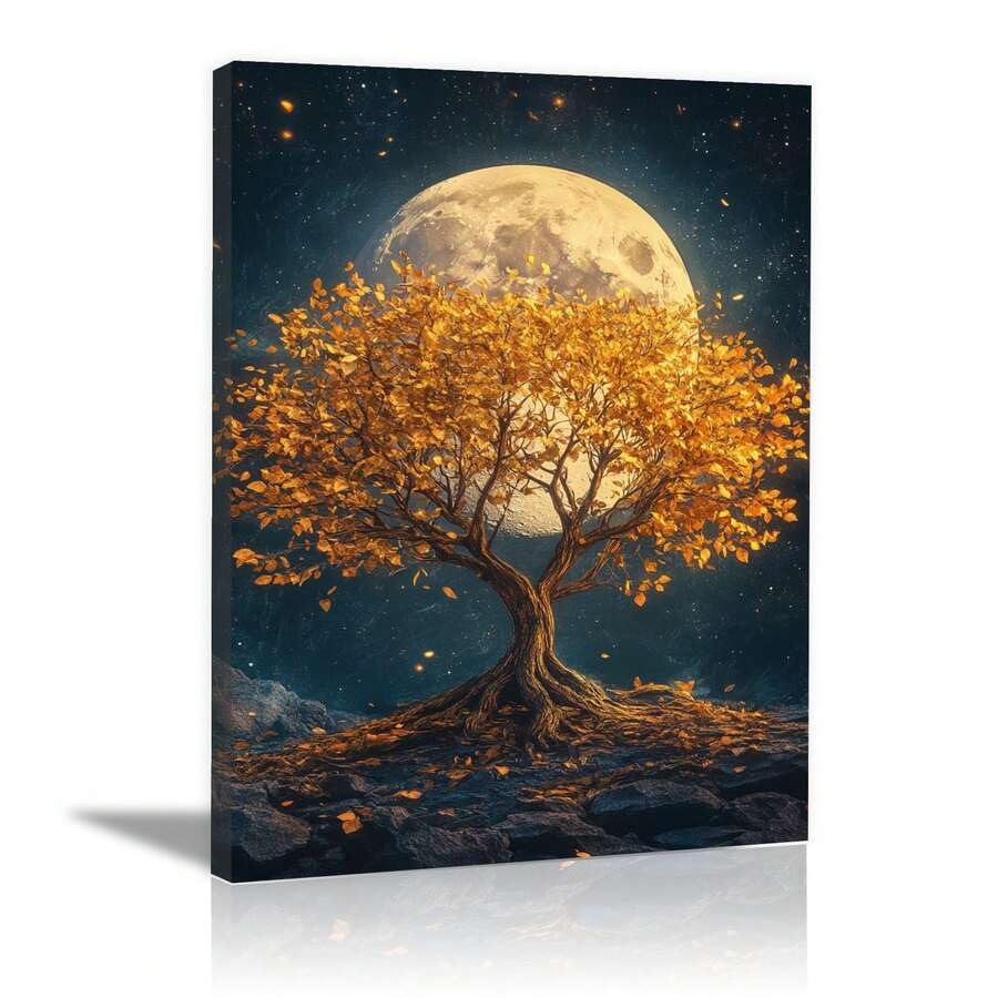 Tableau arbre de vie toile dore lune 60x90cm vintage