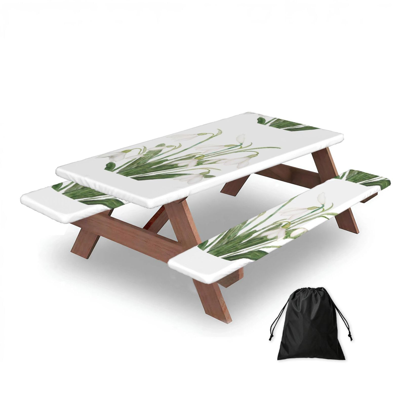 Dopklna As Picture White Snowdrop Flower Botanical Watercolor Painting, Picnic Table Cover With Bench Covers -Waterproof Elastic Fitted Tablecloth For Garden Camping Patio 76X152cm