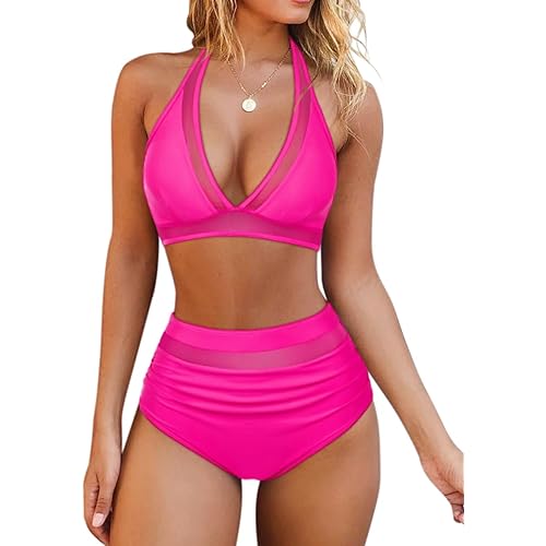 OMKAGI Women Mesh High Waisted Bikini Set Sexy V Neck Tummy Control Swimsuit Bathing Suit