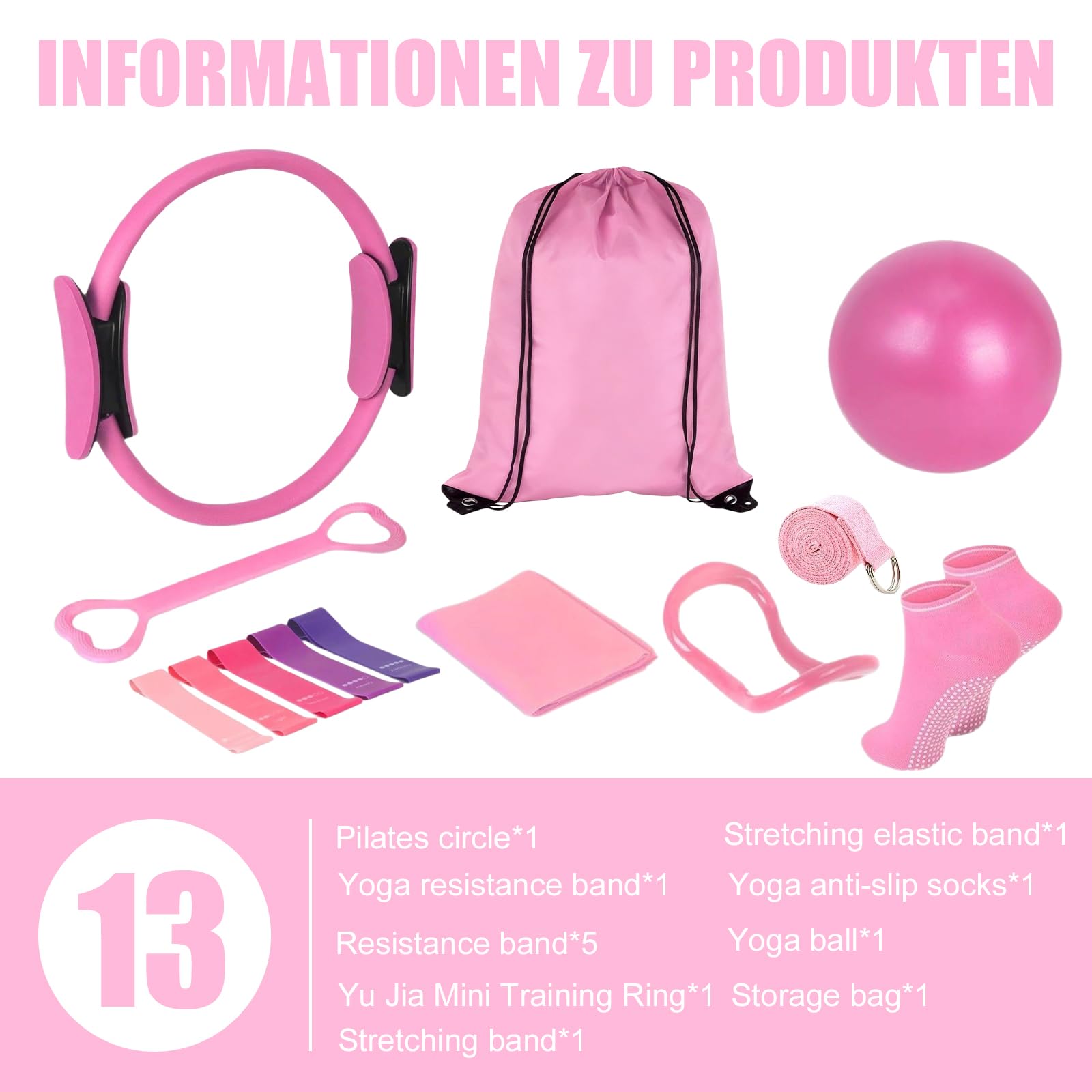 Kit de Pilates 13 Pièces, Ensemble d'Anneau de Pilates avec Ballon de Yoga, Bande de Résistance, Ceinture de Yoga, Chaussettes de Poignée