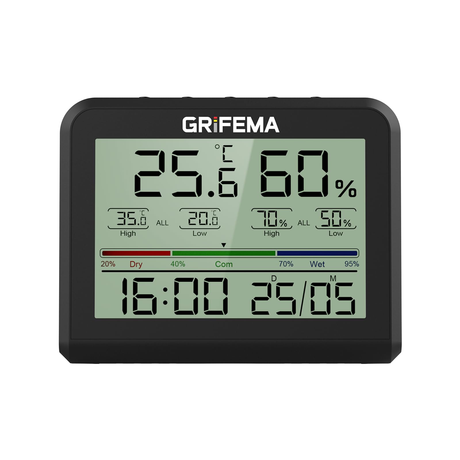 GRIFEMA GA2901B, Termómetro Digital Interior del Higrómetro, Digital Medidor de Humedad con Retroiluminación, Registro Máx/Mín, Reloj/Fecha, Ideal para Hogar/Invernadero, Negro