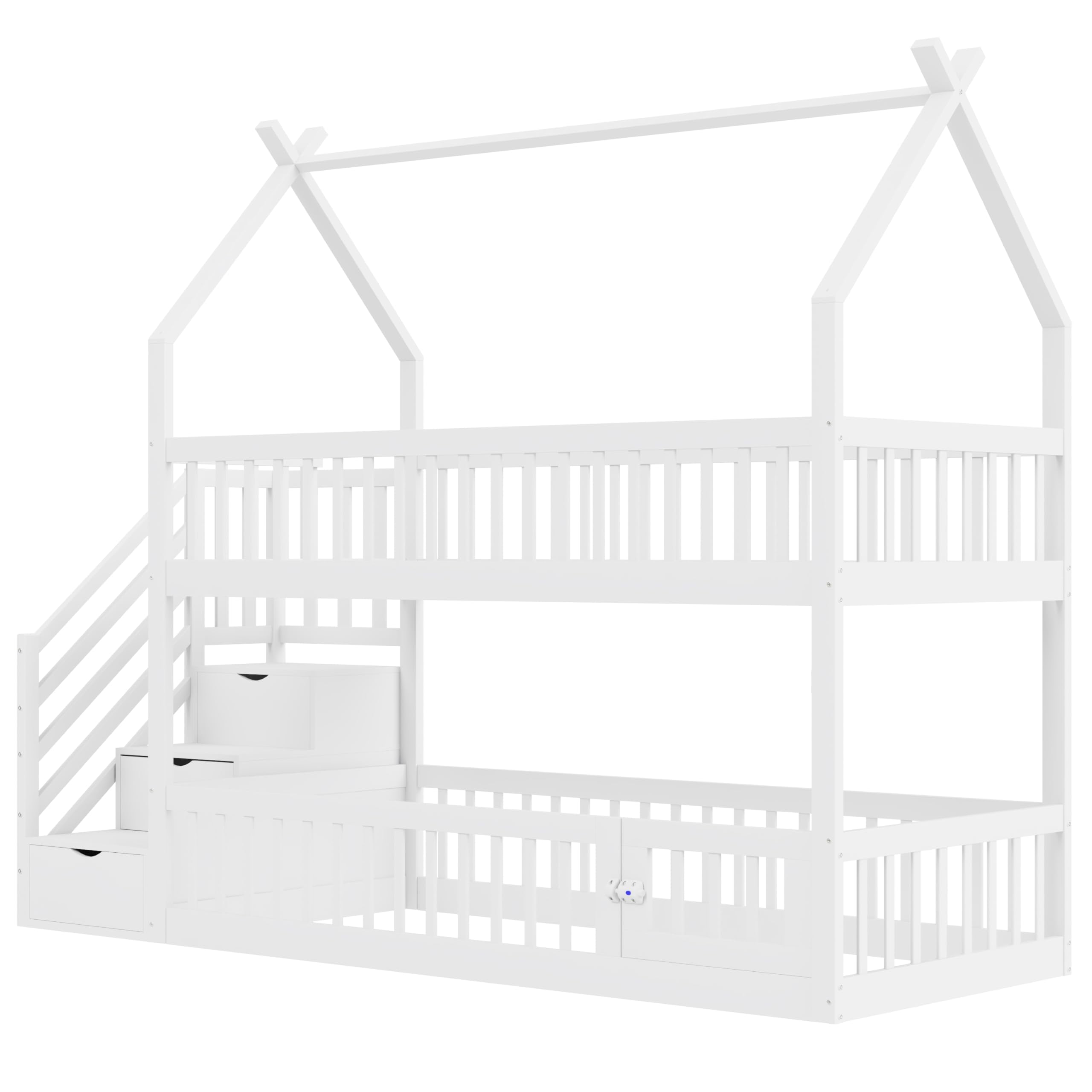 Etagenbett Kinderbett 90x200 cm mit Treppe und Stauraum, Hochbett Hausbett mit Rausfallschutz und Armlehne, Holzbett Bettgestell mit Lattenrost (Nur das obere Bett), Weiß, Ohne Matratze
