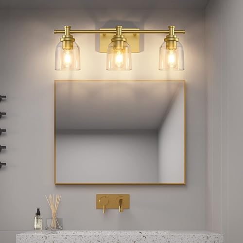 Miniatura 8 de SOLFART Lámparas de baño doradas 3 luces de tocador de baño, lámparas de pared sobre espejo vintage