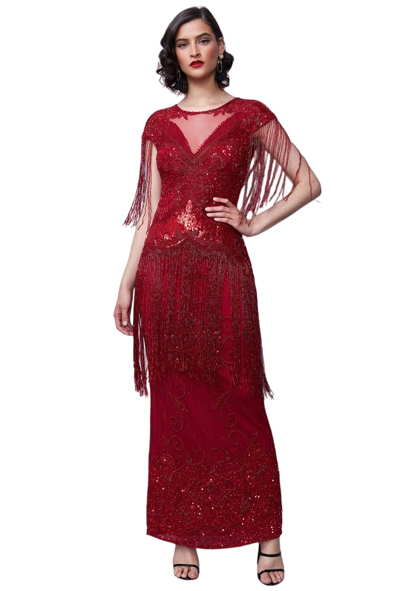 gatsbylady londonRed Ethel Fringe Maxi Wedding Gown Prom Dress 1920s Great Gatsby Art Deco Downton Abbey Charleston Speakeasy