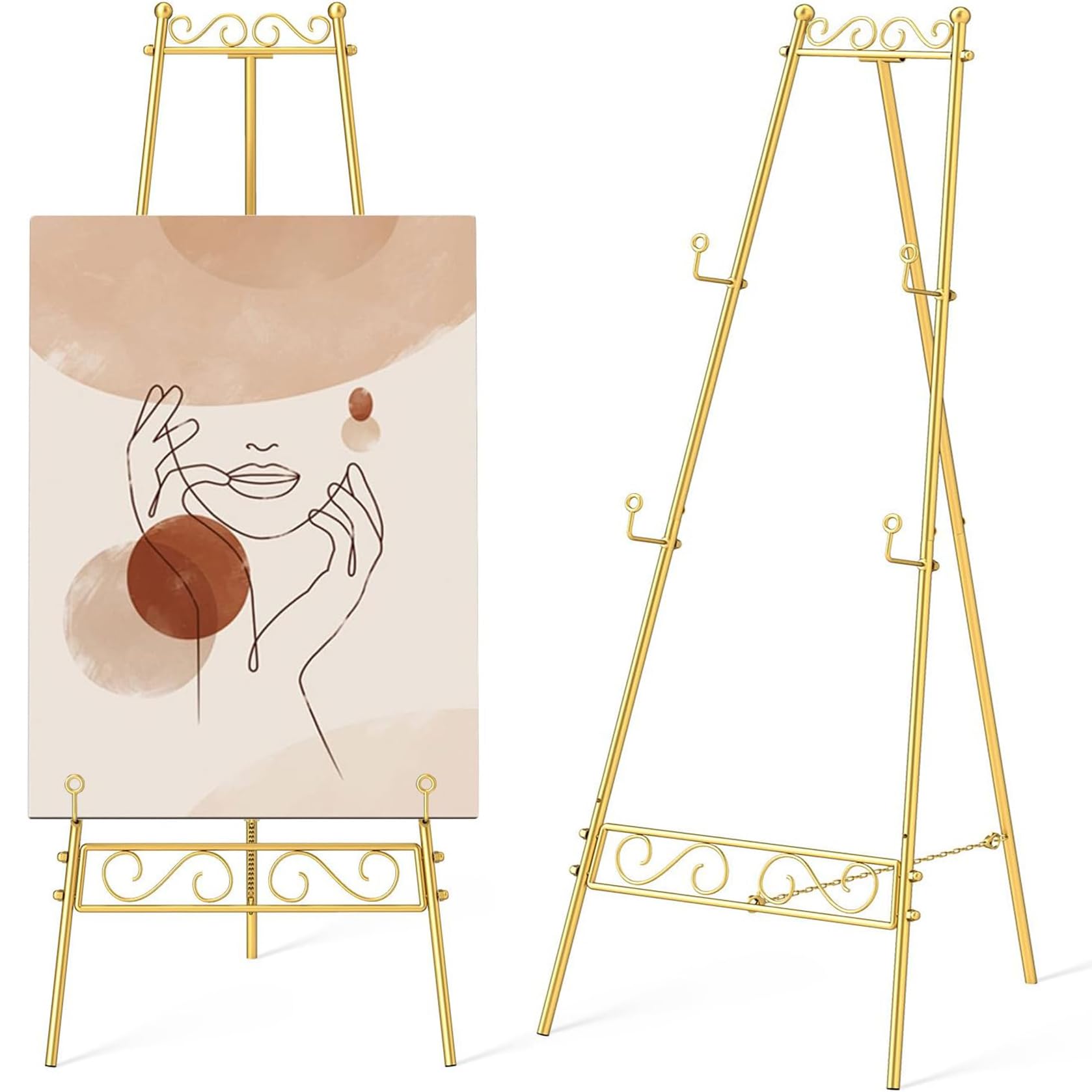 tonchean Gold Easel Stand for Sign, 53.9"x27.6" Large Heavy Duty Metal Display Easel with Chain 3-Tier Adjustable Floor Stand for Wedding Sign, Poster, Painting, Picture, Mirror, Art