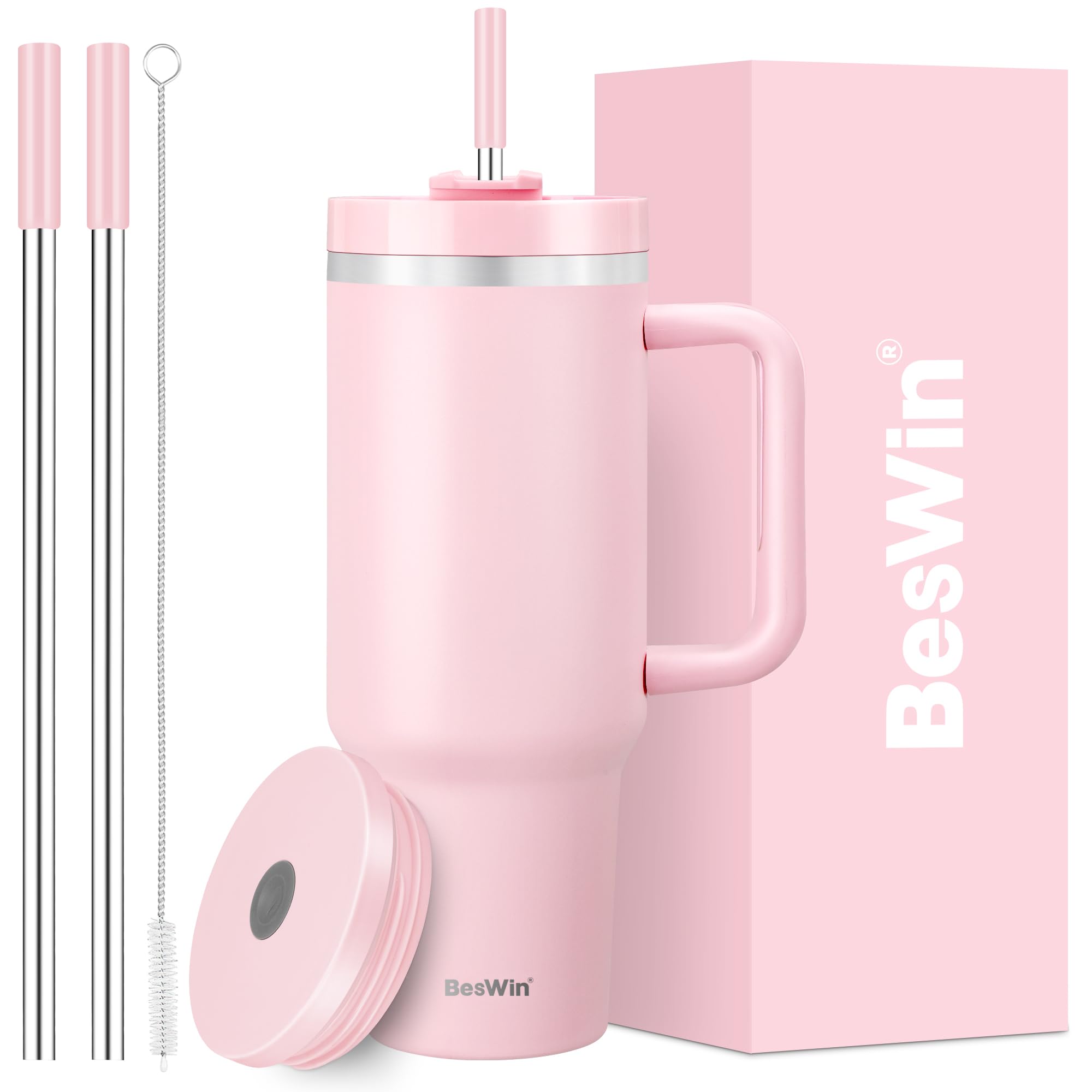 40 oz Tumbler with Handle and Straw, Vacuum Insulated Stainless Steel Double Wall Water Bottle Travel Coffee Mug - Holiday Gifts for Women Men - Baby Pink