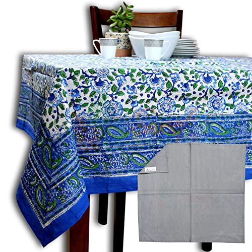 Sweet Us Block Print Paisley Floral Tablecloth For Rectangle Tables, Cotton Floral Kitchen Dining Table Cloth, Table Linen White Blue Green, Table Cover For Indoors And Outdoors, 60 X 90 In #TOP23