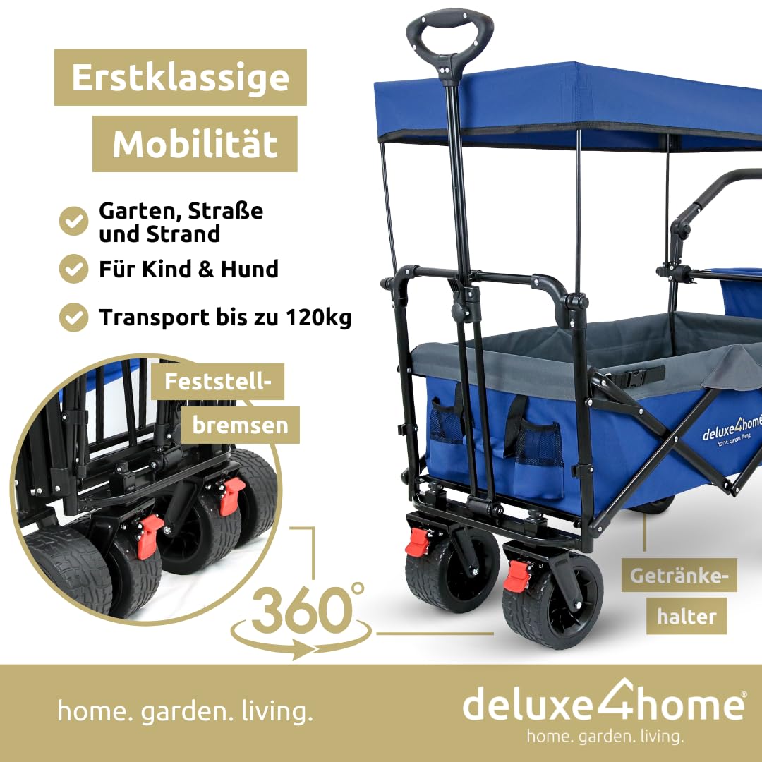 Bollerwagen Faltbar mit Dach Blau/Grau I Mit 360° Reifen & Bremsen I Handwagen Transportwagen 100L I Campingwagen Trolley bis 120kg I Drehbarer Griff