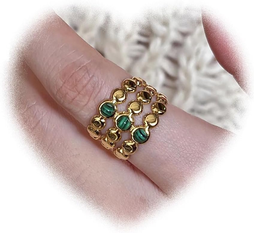 Bohemian Green Crystal Ring for Women 18K Stainless Steel Knuckle Ring Oval Hollow Stacking Ring Vintage Open Finger Ring Adjustable Ring Jewelry for Girls Gifts