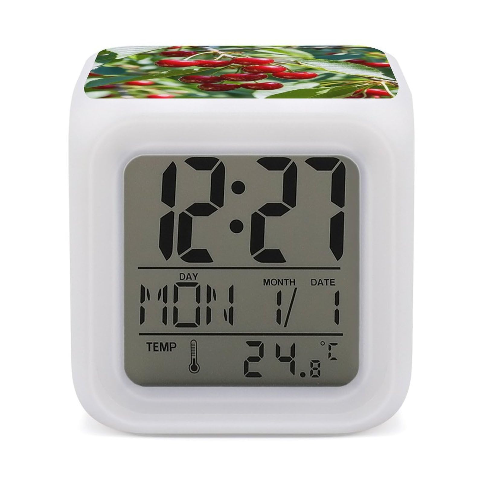 LZQPOEAS Cherry Alarm Clock Desk Clock with 7 Color Changing Night Light Digital Clocks with Temperature Display Sleep Training and Sound Machine for Heavy Sleeper