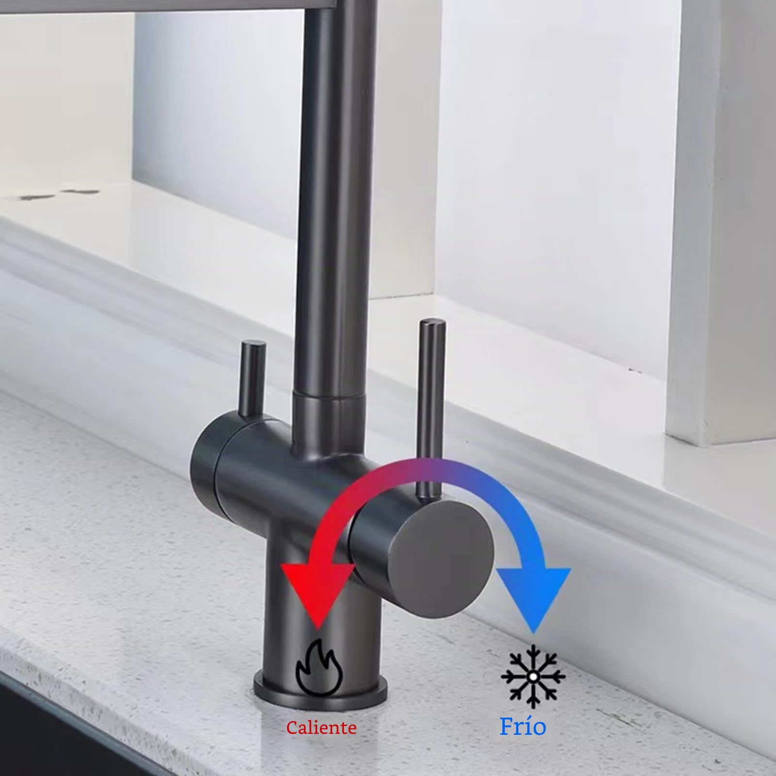 Grifo de Cocina con Ducha Extraíble Grifo de Agua Potable de 3 Vías Sistema de Ósmosis Caño de Agua Doble de Dos Mandos Grifo de Tres Vías Pistola de Cocina Gris