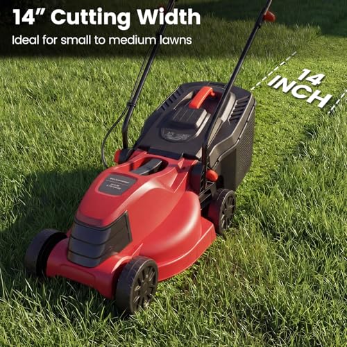 Image of DORTALA Lawn Mower, Corded 14 inch Electric Push Mower, 3-Position Cutting Height Adjustment, 9.3 Gal Grass Collection Box, 12 AMP Motor, 1500W, Lightweight Walk-Behind Mower for Small Medium Yard (Red)