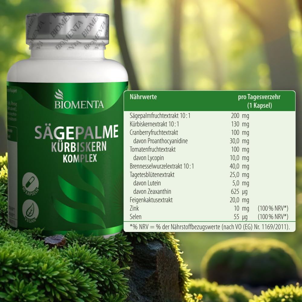 BIOMENTA Sägepalme Kürbiskern Komplex – 90 hochdosierte Kapseln - synergetischer Wirkstoffkompex + Cranberry, Tomate, Brennessel, Lutein, Zeaxanthin, Feigenkaktus + Zink & Selen