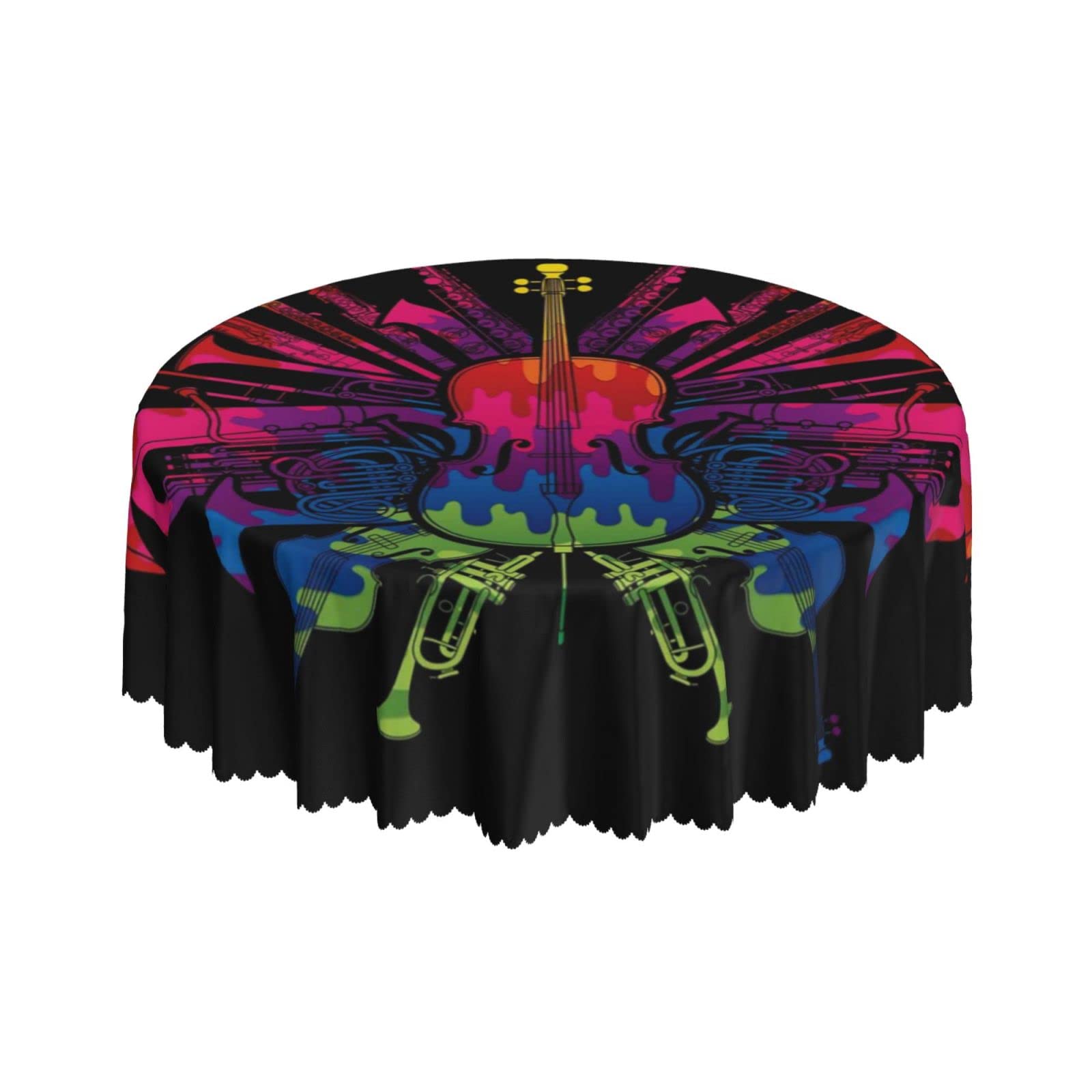Lsjuee Color Orchestra Instruments Black Round Tablecloth 60 Inch Printed Washable Tablecloth for Dining Party Holiday Fall Home Decorative