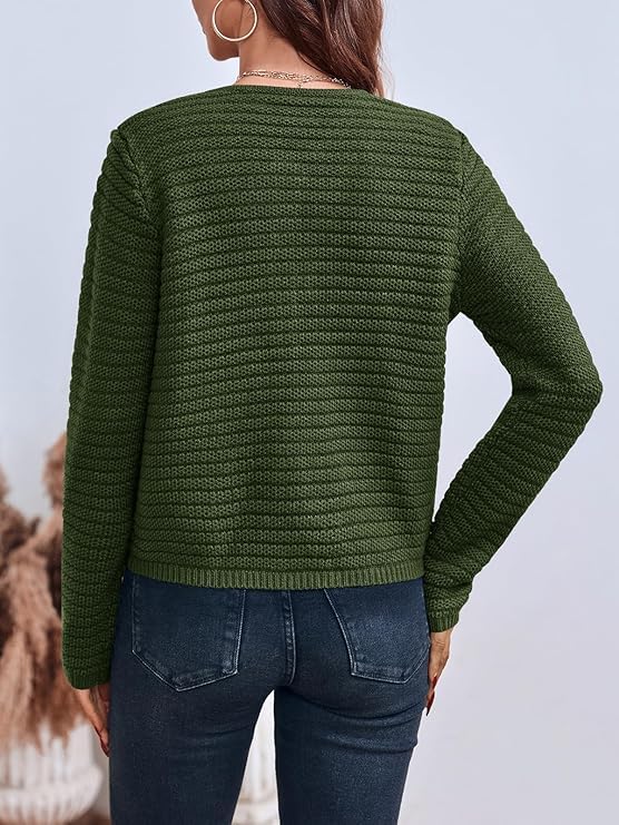 Saodimallsu Damen Kurz Strickjacke Langarm Cardigan Rundhalsausschnitt Knopfleiste Strickweste Vintage Trachtenjacke Elegante Oberteil mit Taschen Grün M