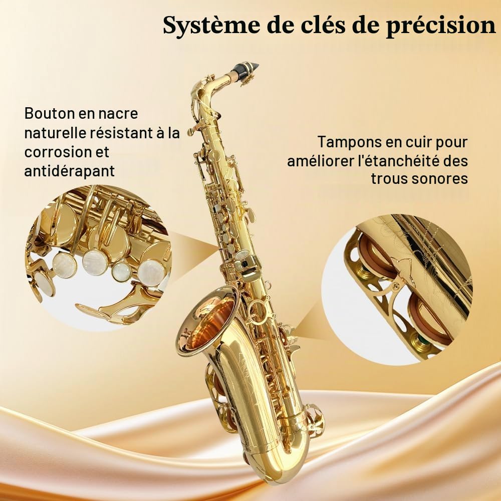 Yinfente - Saxophone Alto Mi Bémol pour débutants adultes, saxophone étudiant, kit complet avec anches, coussinets, étui de transport rigide, chiffon et tige de nettoyage, bec, gants, sangle de cou