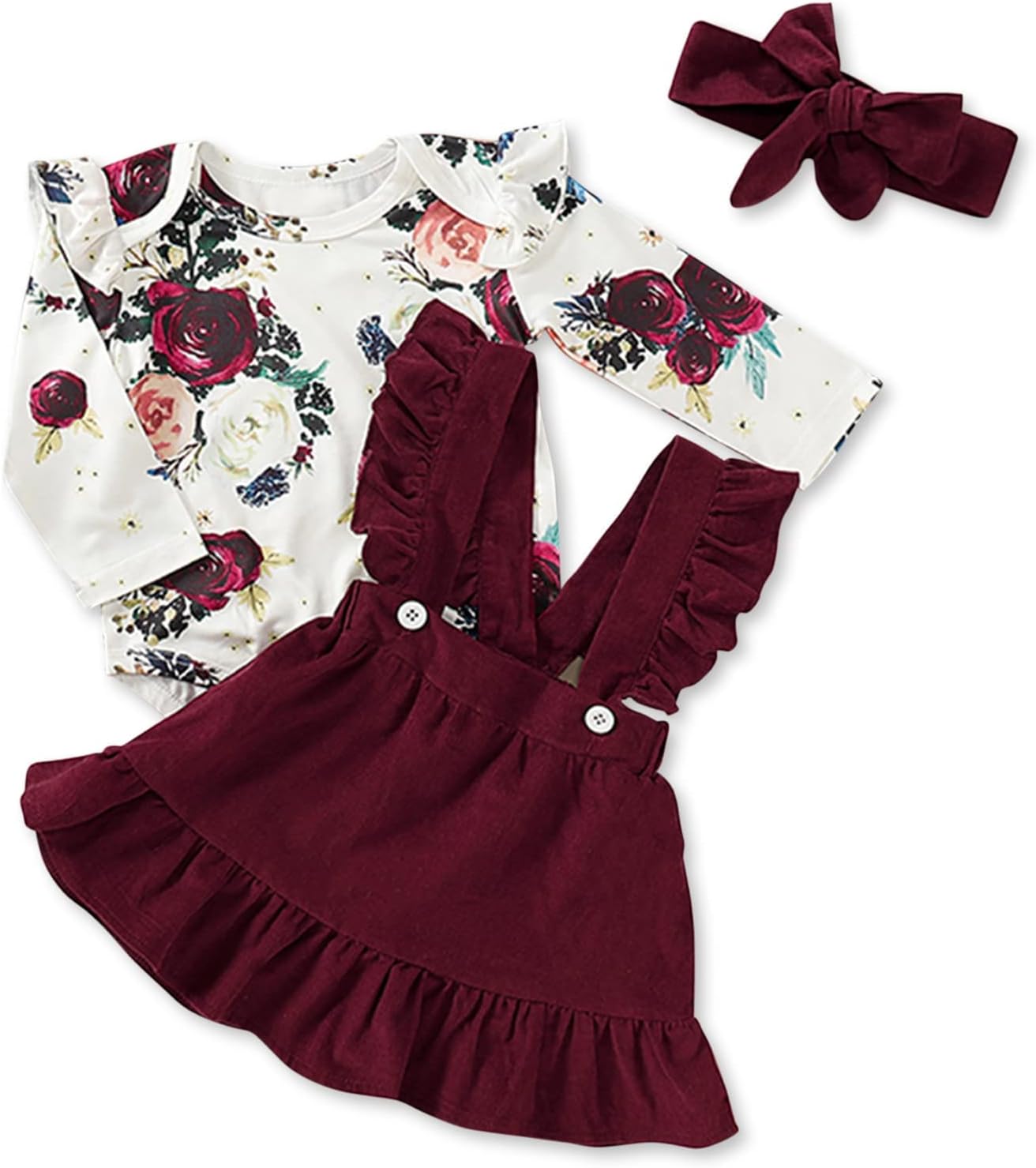 PATPAT Newborn Infant Baby Girl Clothes Outfit Long Sleeve Romper Top Overall Dress Suspender Skirt Set for 0-3 Months