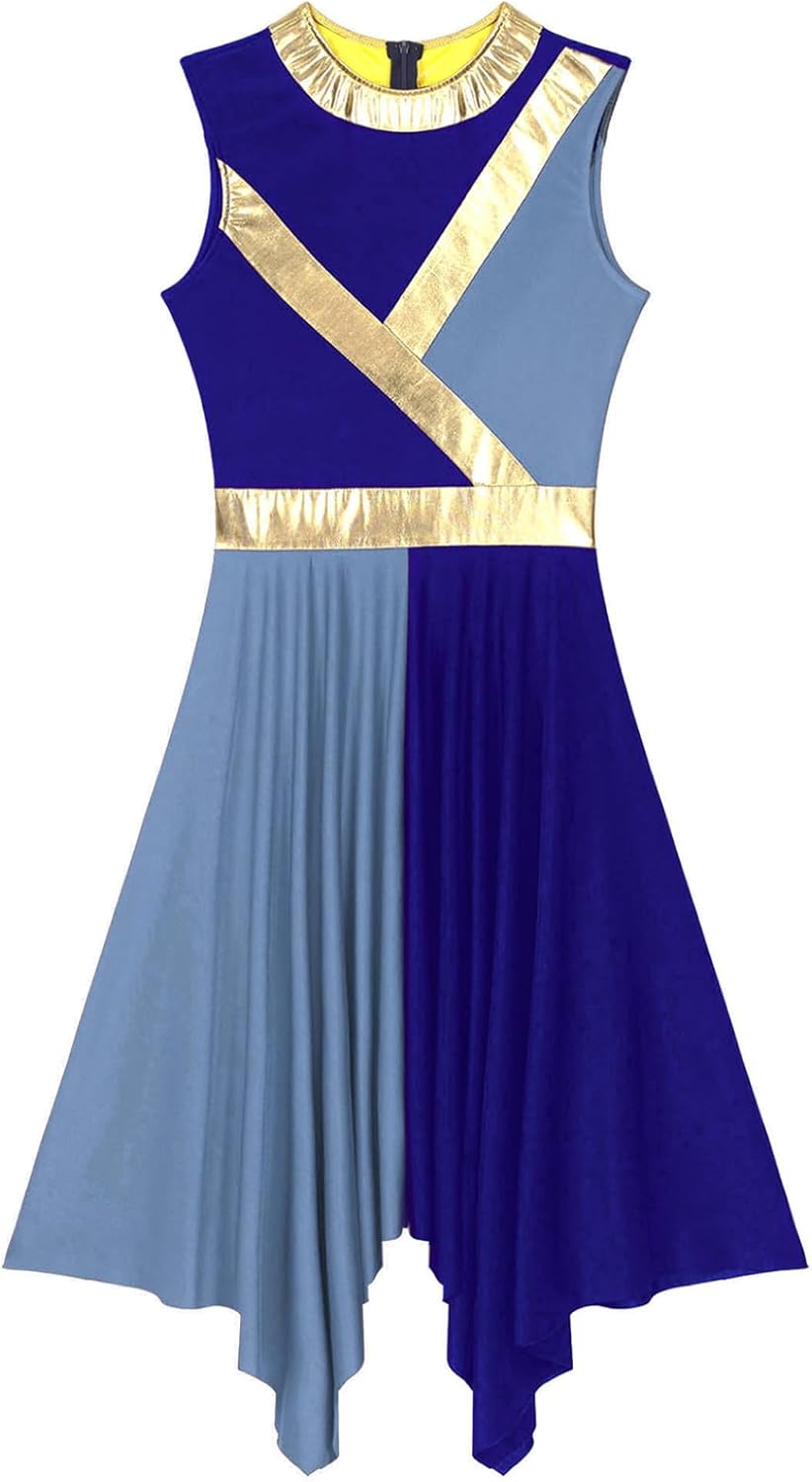 Women's Metallic Color Block Praise Dance Dress Tunic Overlay Sleeveless Asymmetrical Hem Liturgical Dancewear