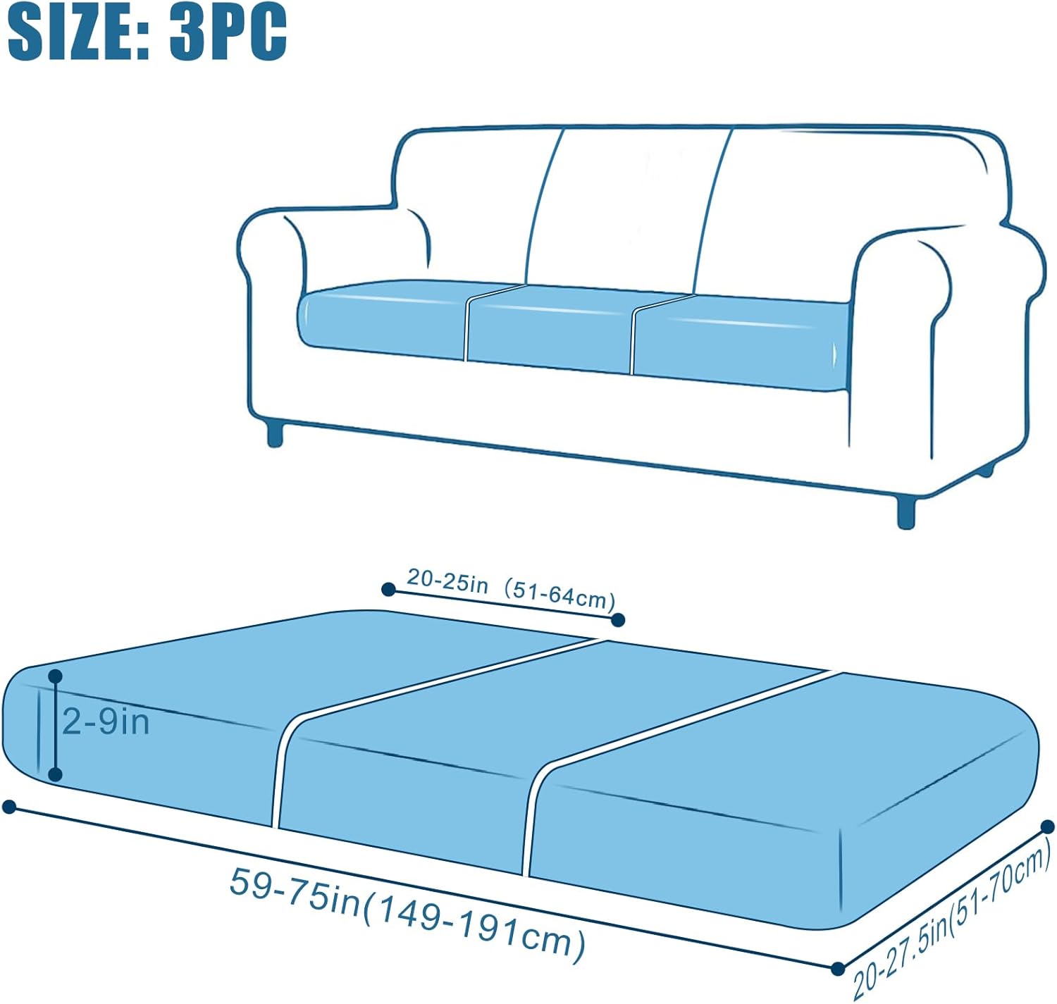 Smiry Waterproof Couch Cushion Covers 3PC and Stretch Replacement Sofa Cushion Covers 3PC in Grey, 2 Item Bundle