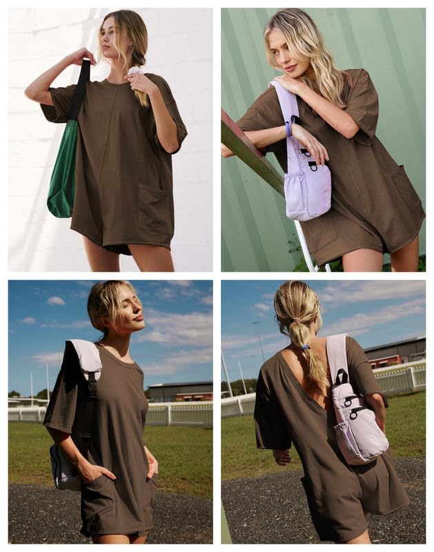 Combinaison Femme Été Manches Courtes Combishort Col en V Dos Nu Jumpsuit Casual Loose Salopette Short Chic et Élégant Grande Taille Une Pièce Shorts Avec Poches Décontracté Plage Rompers