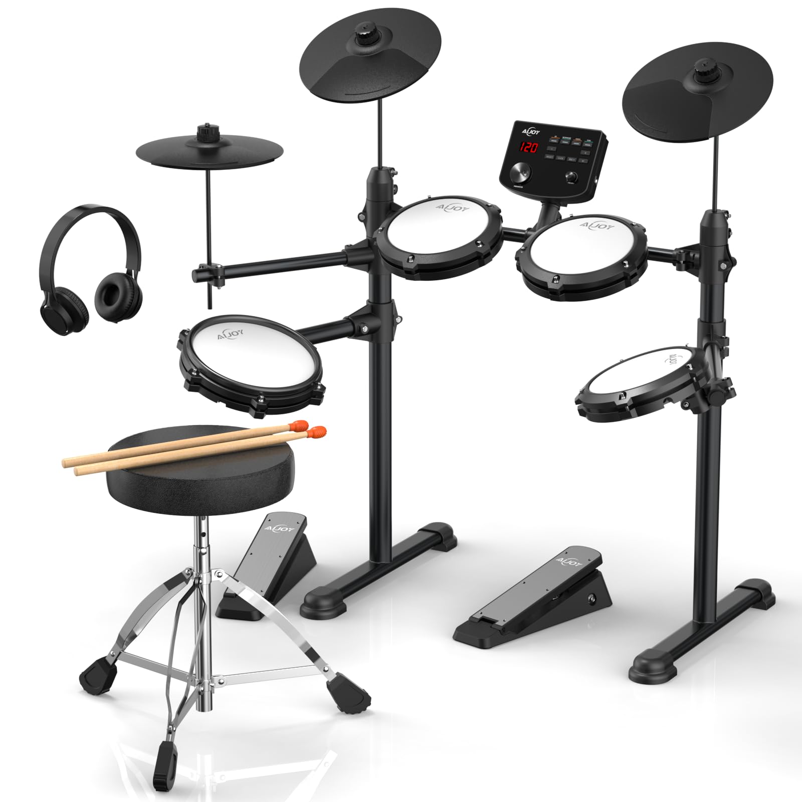 AiJoy Elektrisches Schlagzeug-Set für Anfänger – 4 leise Mesh-Pads, Dual Zone Snare, 15 Schlagzeug-Kits & 200+ Sounds, 9,5-Zoll-Becken, inklusive Thron, Sticks & Kopfhörer, perfektes Kit zum Üben