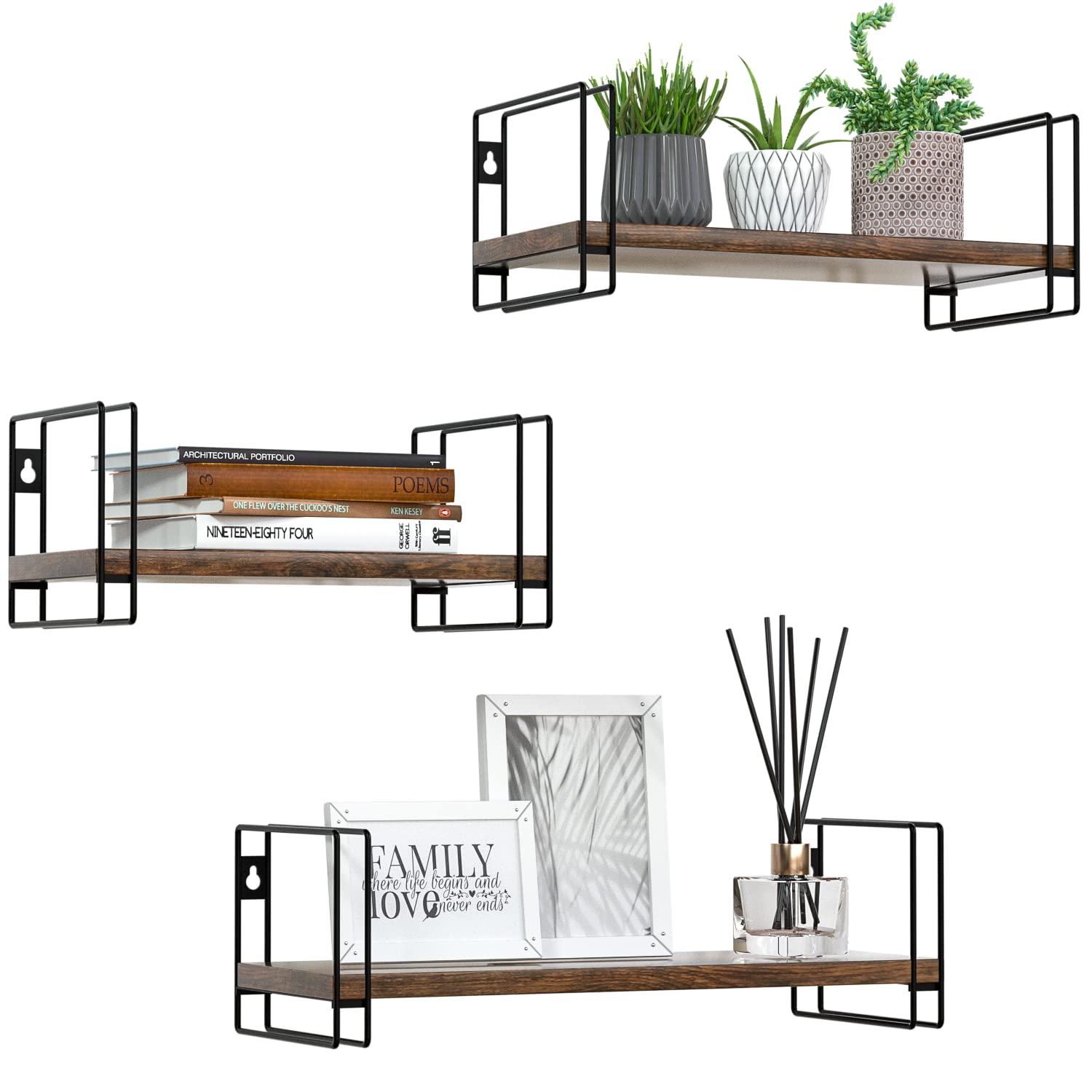 J JACKCUBE DESIGN Torched Wood Floating Shelves, Set of 3 Wall Mounted Hanging Shelves with Black Wire Frames for Bedroom. Living Room, Kitchen,