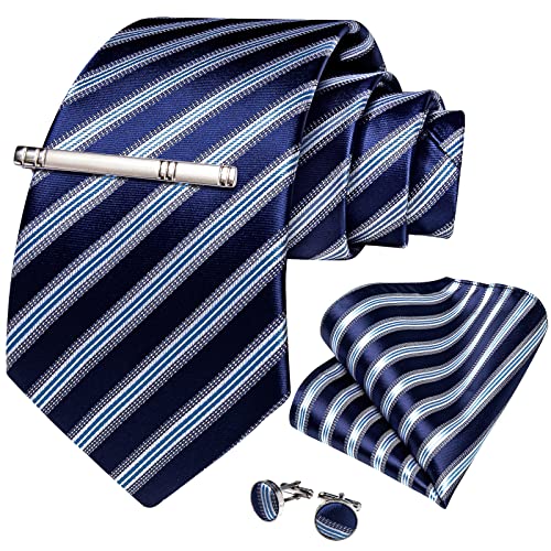 Image of DiBanGu Mens Striped Tie Silk Woven Necktie and Pocket Square Cufflinks Tie Clip Set Wedding Business Formal Gift Tie for Men