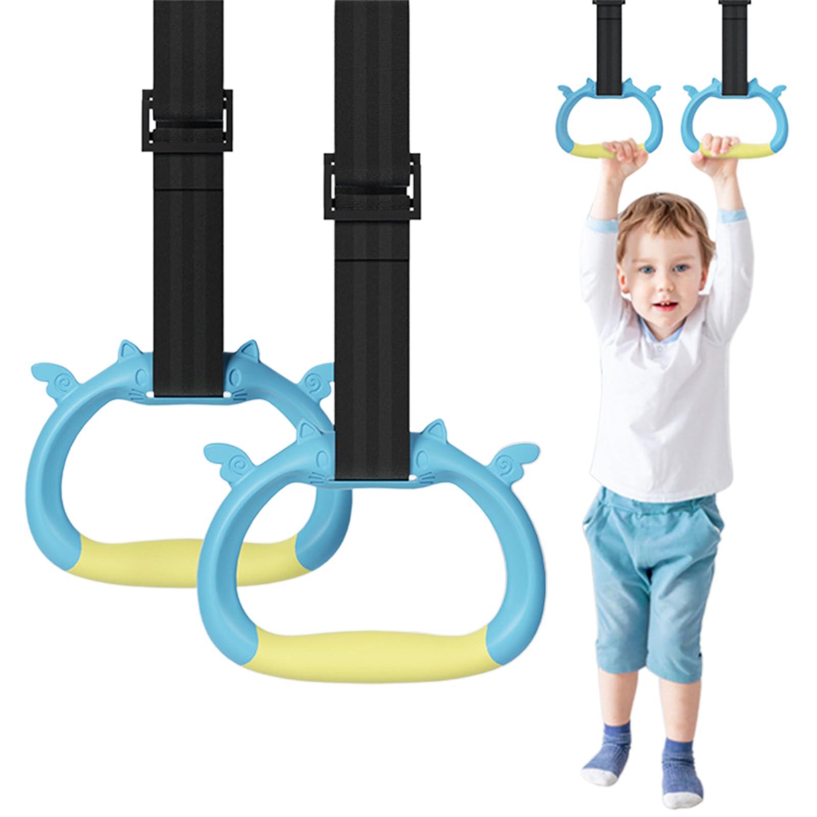 NIhtian Gymnastics Rings Set, Professional Children Trapeze Bar Pull Up Rings, Kids Playground Home Exercise Gym Equipment, Children's Adjustable Strap Strength Training Rings(Blue)