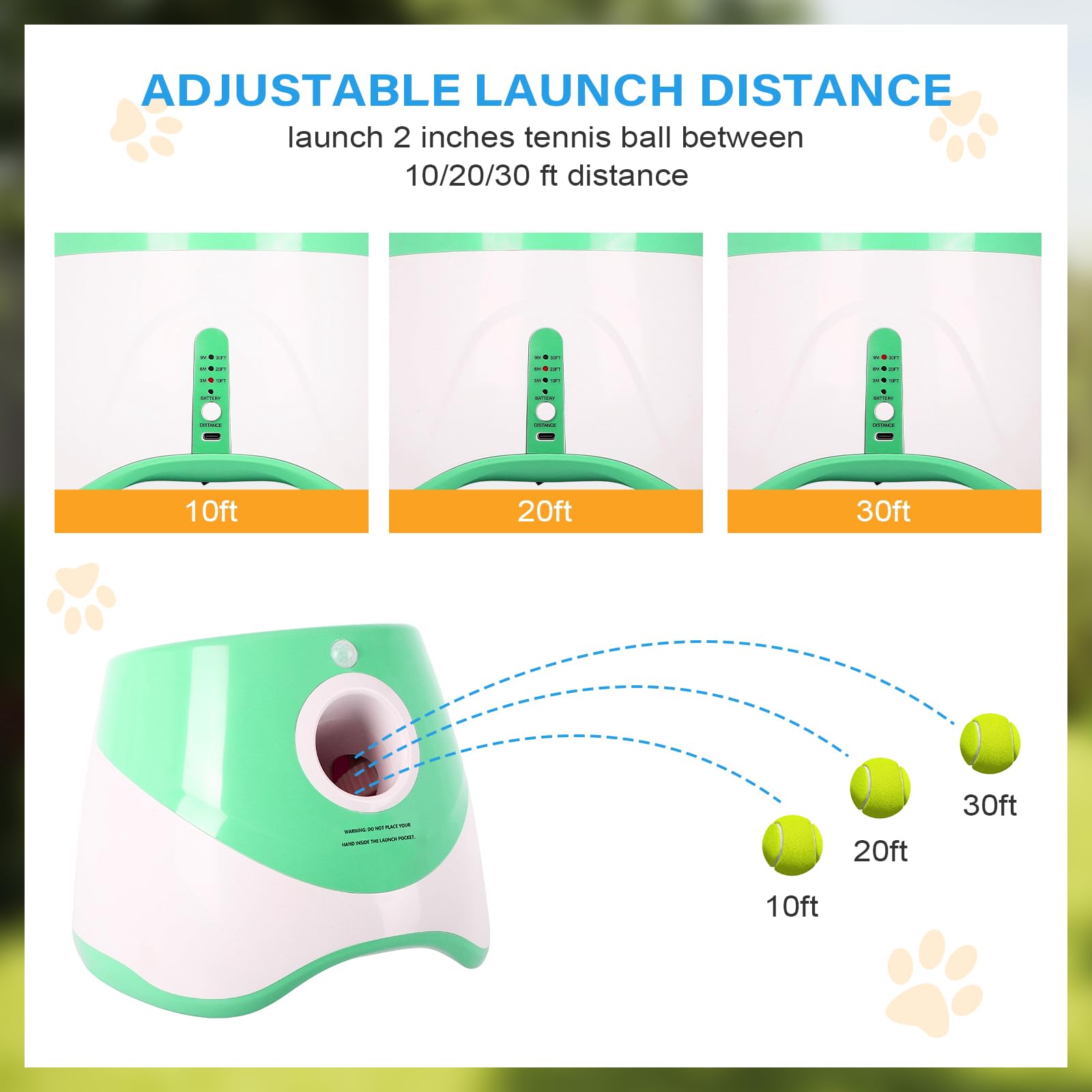 FAHKNS Automatic Dog Ball Launcher for Small Dogs, Indoor/Outdoor Interactive Dog Toy,USB Rechargeable Ball Thrower,10-30 Ft,Includes 15 Mini Tennis Balls,Green - image 3