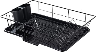 SweetHomeCollection 3-Piece Black Dish Drainer Rack Set with Cutlery Holder & Drip Tray - Space-Saving Countertop Essential