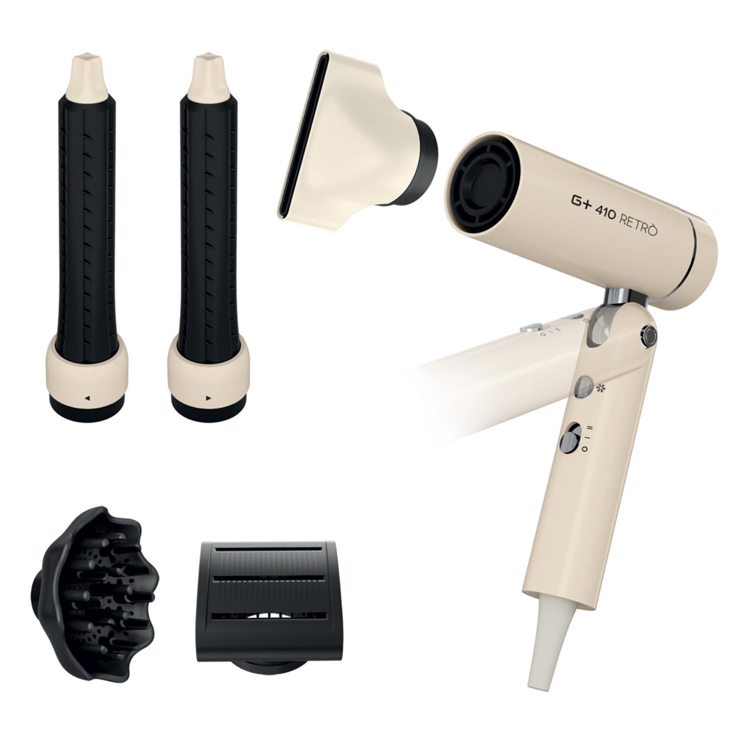 Gamma+ Styler 3 in 1 G+ 410 RETRÒ | Asciugacapelli, Piastra e Arricciacapelli in un Solo Strumento | Pieghevole in 3 Posizioni | Con Diffusore, Bocchetta Anti-Crespo e Cilindri Autoavvolgenti
