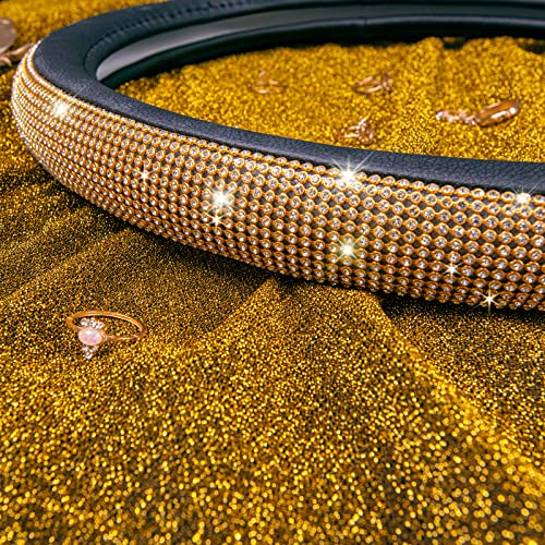 Car Pass Rhinestones Diamond Bling Steering Wheel Cover, Universal Fit For Suv,Vans,Sedan,Car,Truck 14.5-15Inch Universal Fit (Golden) Crystal Glitter For Women Sparkle Girly Sparkling Gold Shining #TOP1