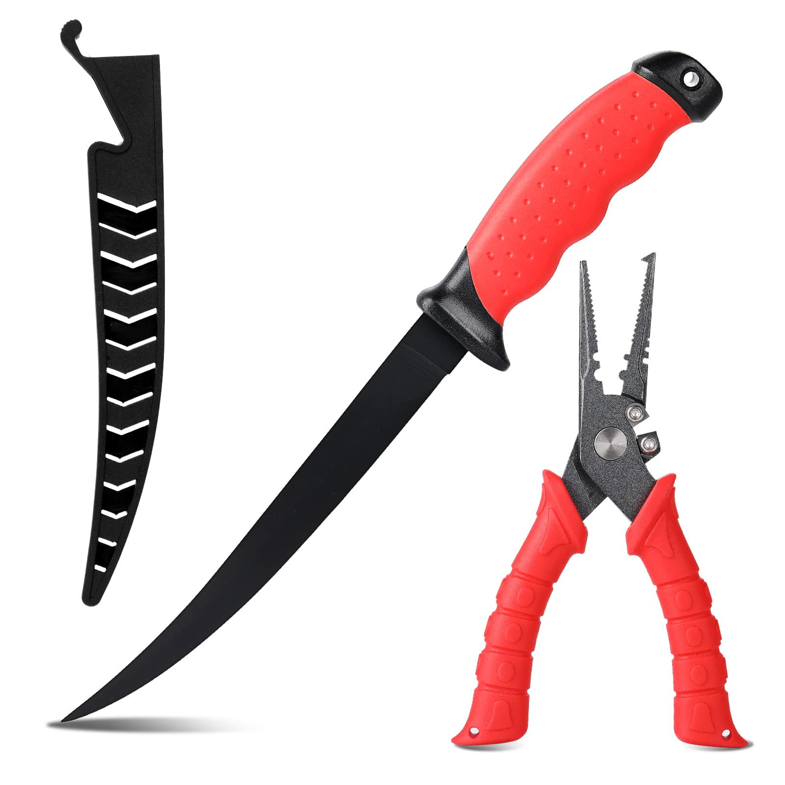 BszykzDXI Fishing Knifes & Bait Knife, Outdoor Fishing Tool Set (2PCS-RedBlack (Fillet Knife&Fishing Pliers))